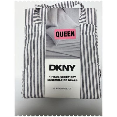 DKNY 4 Piece Sheet Set QUEEN White/Gray Striped Wrinkle Resistant