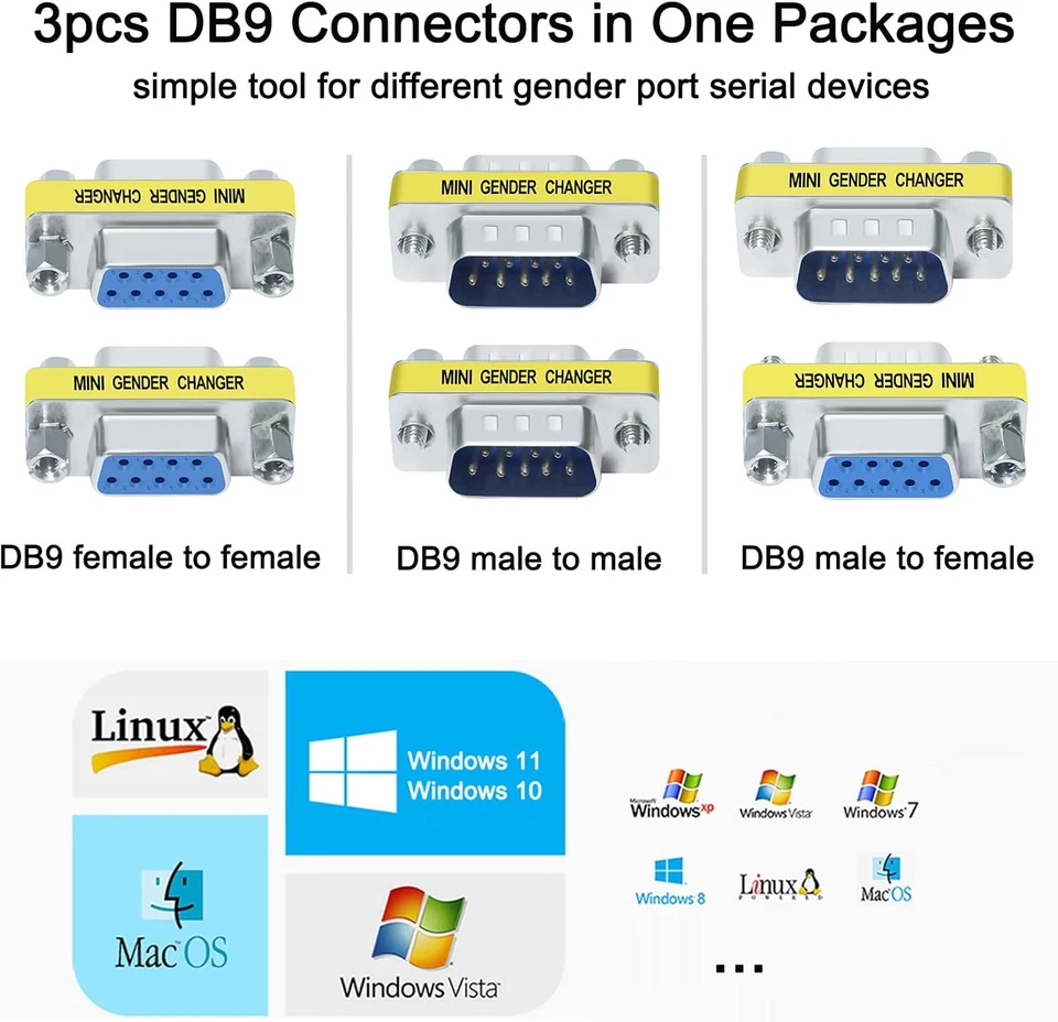 DTECH Serial Adapter 3-Pack (DB9 F-F, M-F, M-M), Mini Size RS232 Coupler, Female - Image 2 of 4