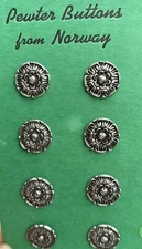 Vintage Pewter Buttons. 🇳🇴  8  ~ 11/16”. Excellent Quality! NOS 🌼🌸 Norway