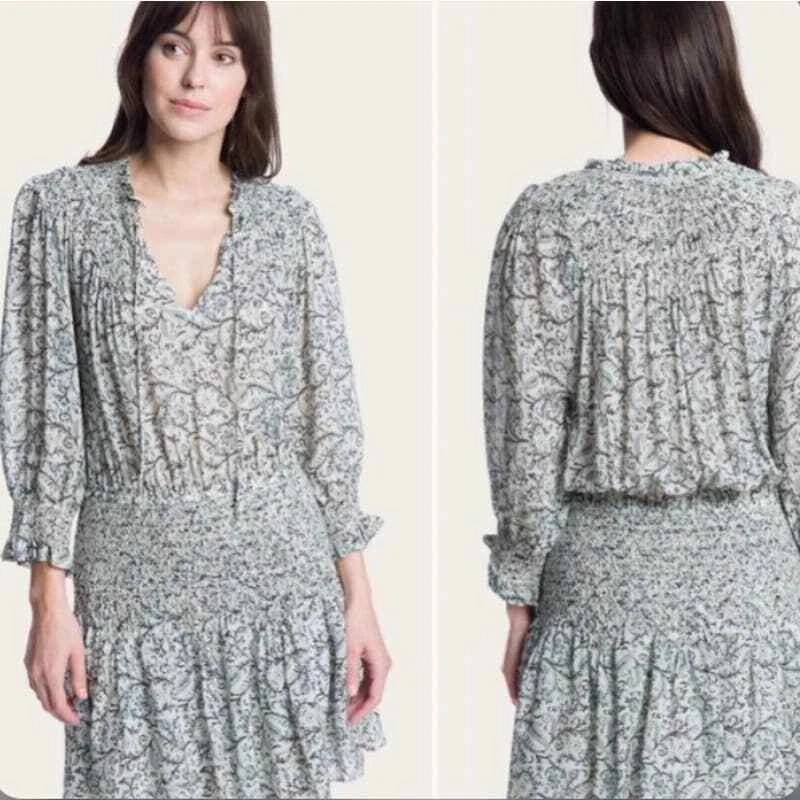 Frye Cream Blue Gray Cara Smocked Dress Size Small eBay