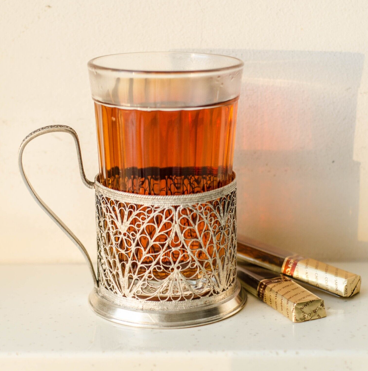 Metal Glass Holder Podstakannik FILIGREE BRANCH 1960s Ukraine Tea Accessories
