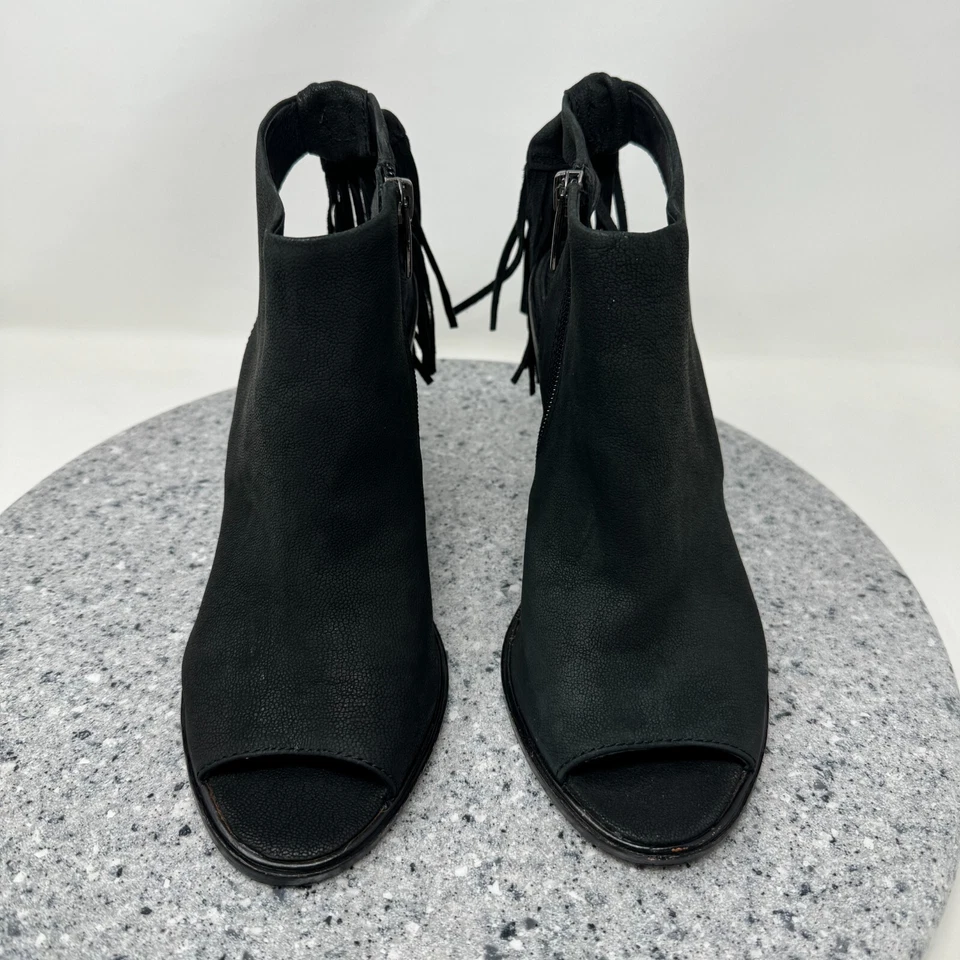Vince Camuto Booties Womens 9 Black Leather Block Heel Fringe Open Toe Kyleena - Image 4 of 4