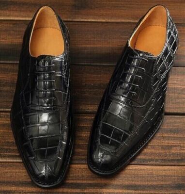 Herren Handgefertigt Schwarz Leder Krokodil Alligator Druck Formell Elegant Schuhe Hochzeit