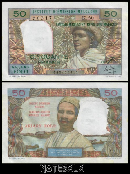 MADAGASCAR 50 FRANCS ND(1969) Pick-61(1) AUNC About UNC "Staple Holes" S/N 50317