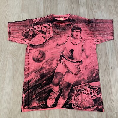 Vintage 90s All Over Print Basketball Single Stitch Shirt Size XLarge Orange