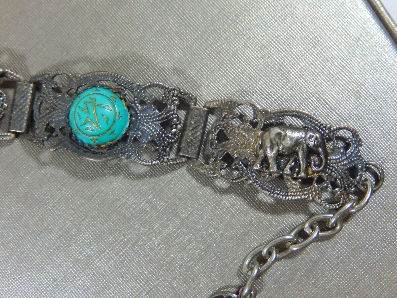 50's MIDDLE EASTERN SILVER METAL CARVED TURQUOISE… - image 4