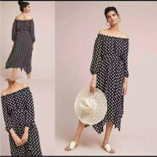 Anthropologie Maeve Gerti off the shoulder Black and White midi polka dot dress