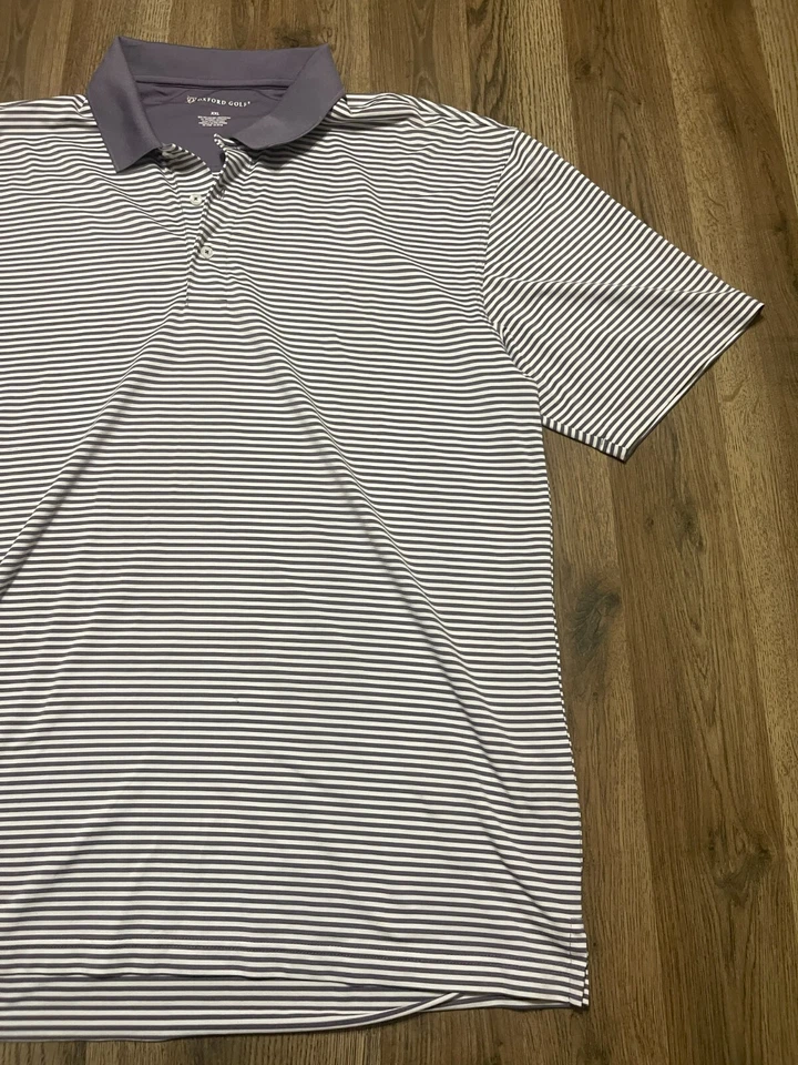 Camisa de golf Oxford, para hombre talla XXL, blanca púrpura, rayas, polo, manga corta Foto 3 de 4