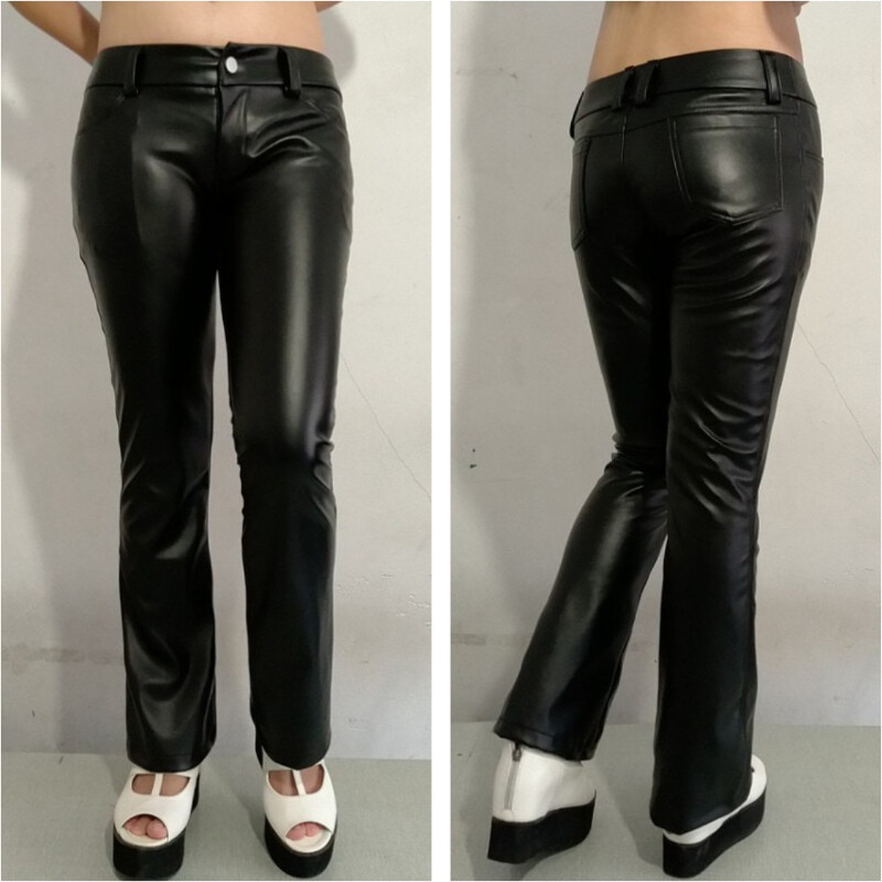 Mujeres Pantalones de Cuero PU Acampanados Campana Parte Inferior Sexy Cintura Baja Pantalones Ajustados