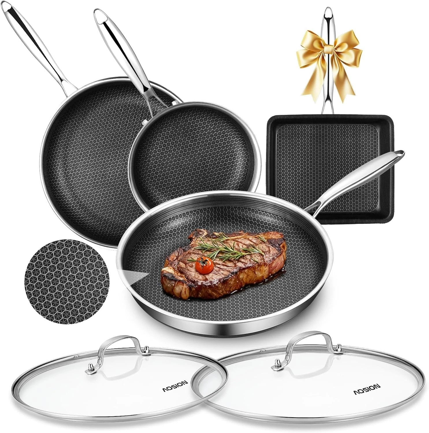 Nonstick Frying Pans Set,Hybrid Skillets Set with Lid(8+10+9+12inch), Hybrid