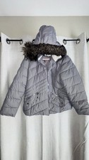 Girls Gray Hooded Puffer Jacket Faux Fur Trim Full Zip Pockets Short