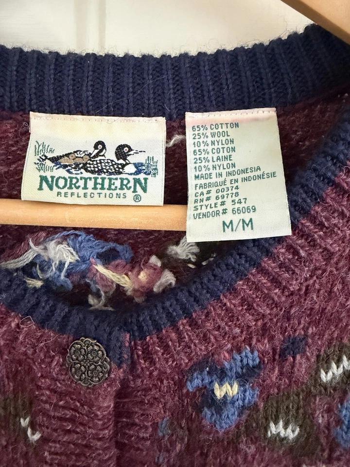 VTG Northern Reflections Floral Plum Color Wool Blend Button Cardigan Sweater-M- - Image 3 of 4