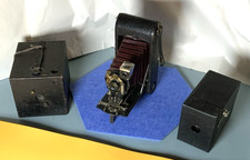 Antique Camera Lot 1908 Kodak No. 1A Folding Red 1928 Hawkeye 1896 Display