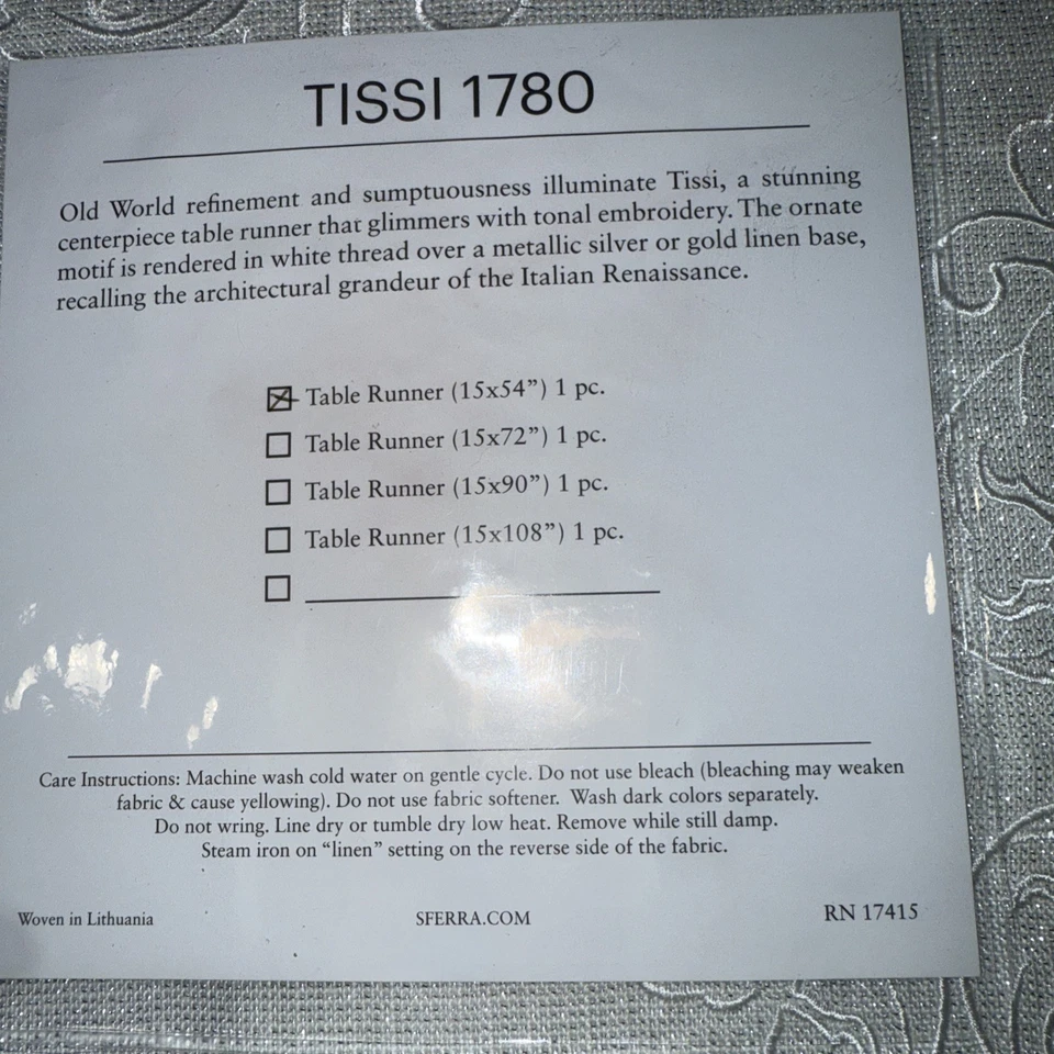 Sferra Metallic Silver  Linen With White Thread Embroidery Table Runner  15 X 54 - Image 3 of 4