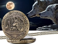New Wolf wolves Howling howl moon bronze color quartz Pocket Watch