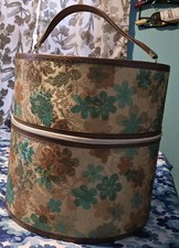 Vintage Blue Floral Flower Hat Box Wig Case Train Case Round Travel Luggage