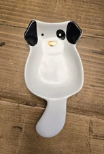 Puppy Dog Kitchen Spoon Rest Holder White and Black w/ Gold Nose Ceramic 7.25"