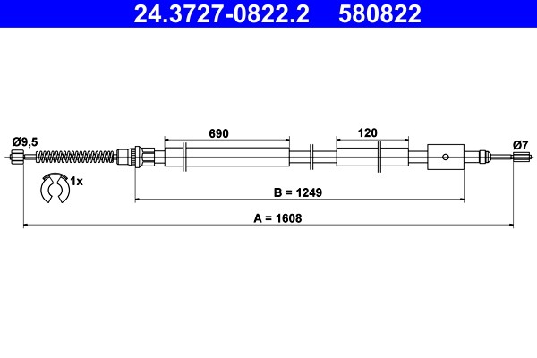 Right Rear ATE 24.3727-0822.2 Cable Pull, parking brake for PEUGEOT