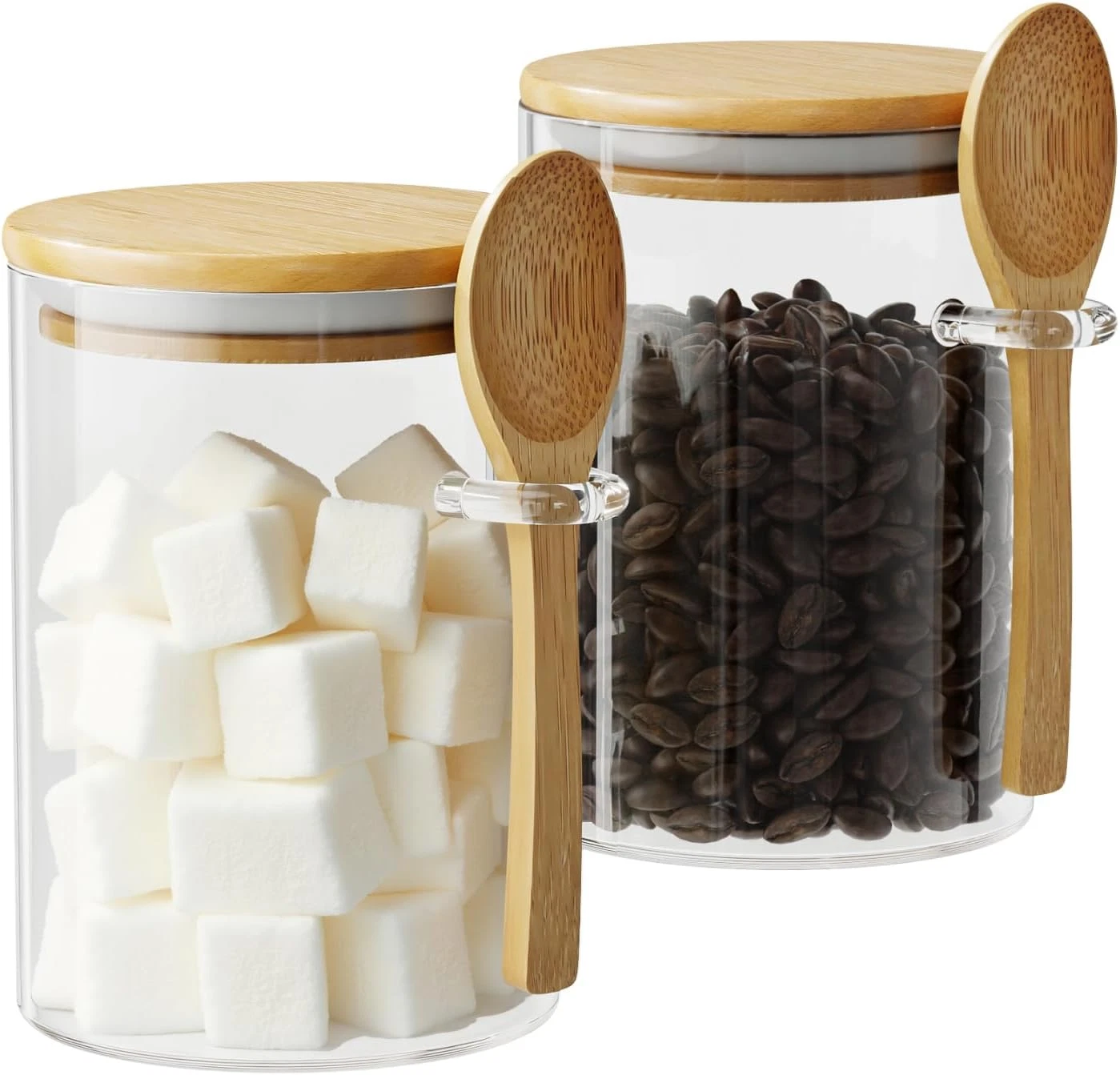 Glass Sugar Container with Spoon - 2 Pack 15Oz Glass Jars with Bamboo Lid and Sp