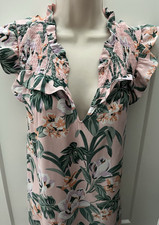 Loft Dress M Tropical Aloha Hawaiian Flowers Pink Green Leaves Ruffle Smocking