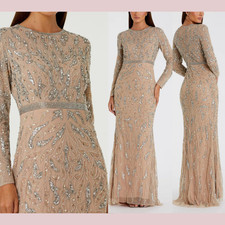 NEW $598 Mac Duggal [ 16 ] 5124 Beaded Long Sleeve Evening Gown in Mocha #S1085