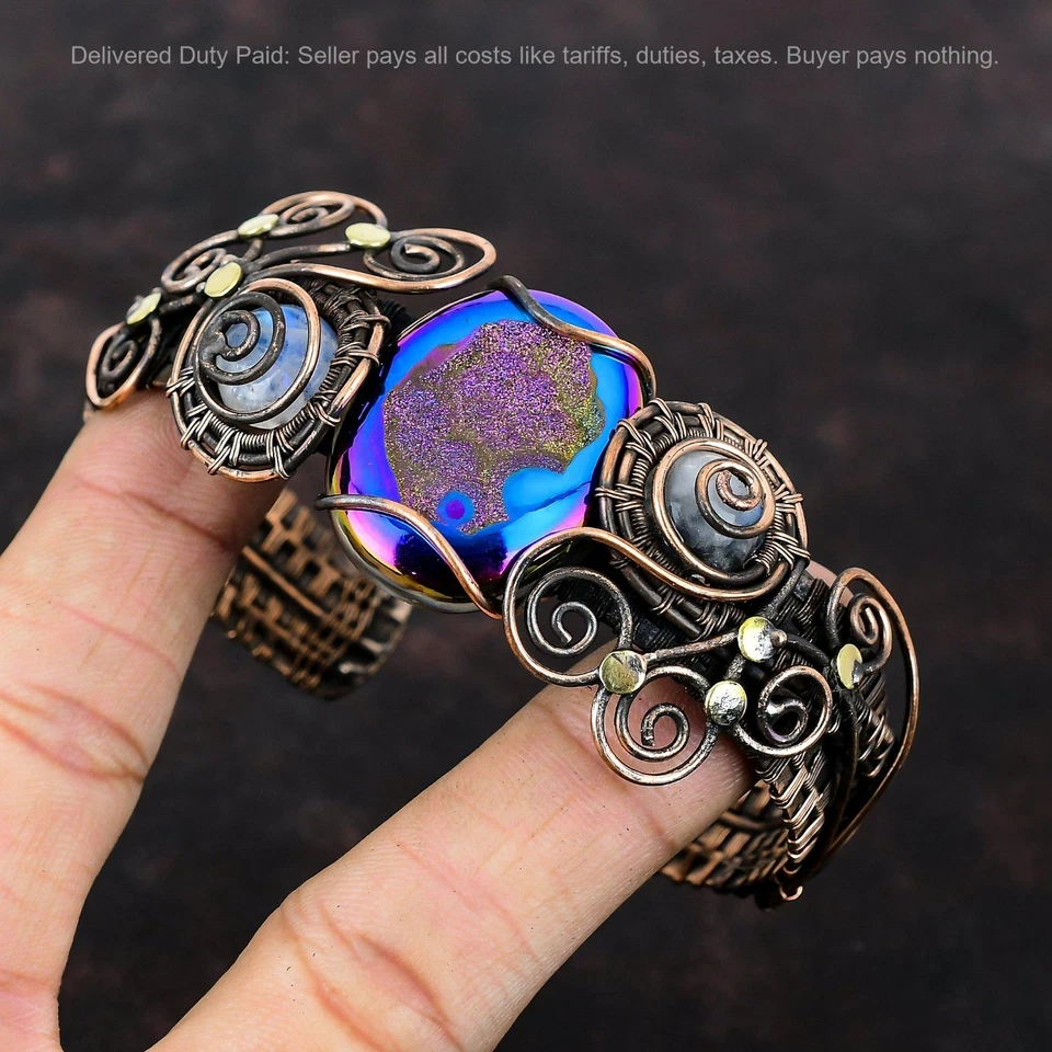 Joyería brazalete envuelto alambre de cobre piedra lunar arco iris piedras preciosas druzy de titanio ovalado Foto 3 de 4