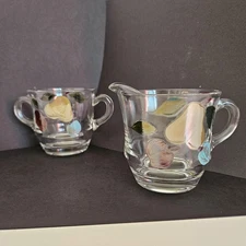 Vintage Hand Painted Fruit Glass Creamer Sugar Set Clear Cups Kitchen Decor