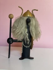 Wood Viking Warrior Figurine Mid Century MCM Folk Art Long Hair Vtg