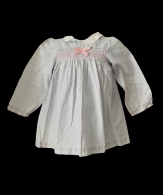 Blumen gesmoktes Kleid Mädchen 18-24 Monate grau rosa Langarm BHS Vintage 2 Jahre