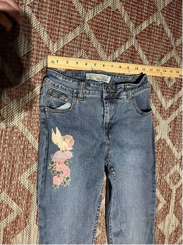 Vintage Y2K Kids Guess Angelic Floral Bejeweled Imagery Boot Cut Jeans Sz 12 - Image 2 of 4