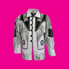 Leather Jacket Suede Fringes Beads bone Western Wear Native Mens American Indian