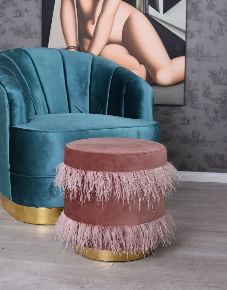 Samt Hocker Straussenfeder Pouf Sitzhocker Sitzwürfel Art Deco Bank Metallring - Bild 2 von 4