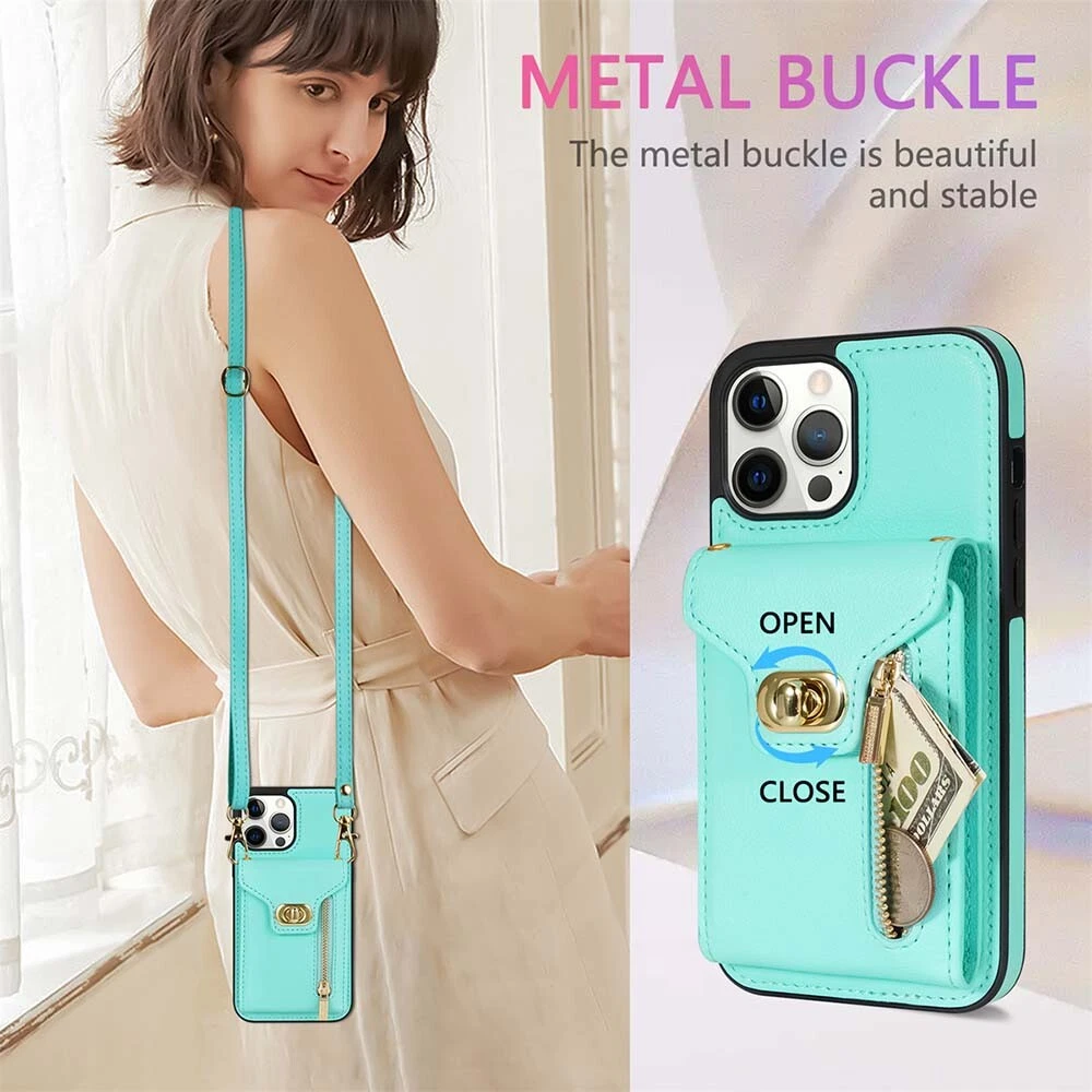Leather Phone Wallet Case for iPhone 15 Pro Max 14 13 12 with Crossbody Strap