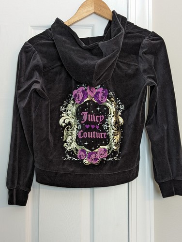 Juicy Couture Girls 90s Y2K Trendy Black Velour Hoodie Size 14 1/2  - Picture 1 of 7