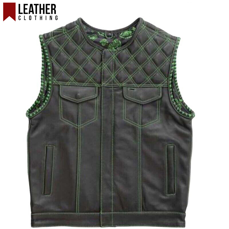 Men's Leather Vest Custom Made Green Paisley Liner Motorcycle