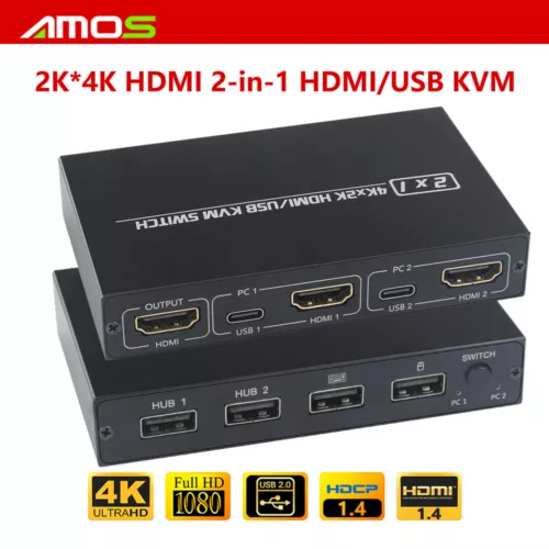 AIMOS KVM Switcher 2K*4K 2-in1 Splitter Box für Tastatur Maus Sharing KVM Switch