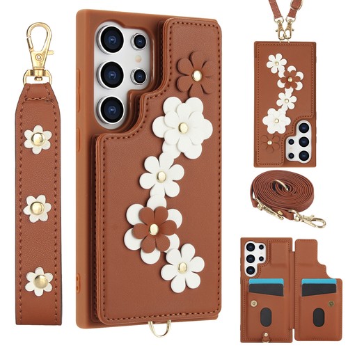 Luxury Flower Card Holder Cover w/ Crossbody Strap For Samsung S25 Ultra S24 S23 - Picture 40 of 57