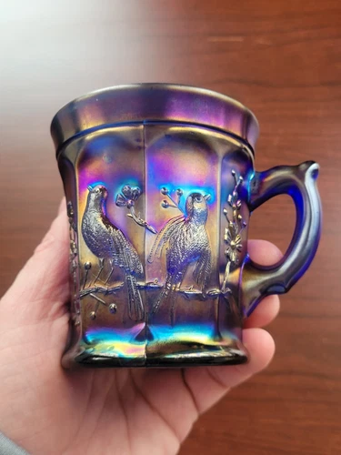 Pretty Blue Northwood Carnival Glass Singing Birds Mug w Electric Highlights