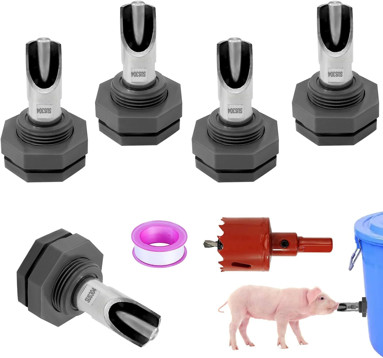 5 Sets Automatic Pig Nipple Drinkers Kit, Stainless Steel Pi