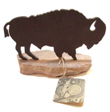Vintage 2000's Cut Steel Metal Bison Buffalo Sandstone Base Paperweight Figurine