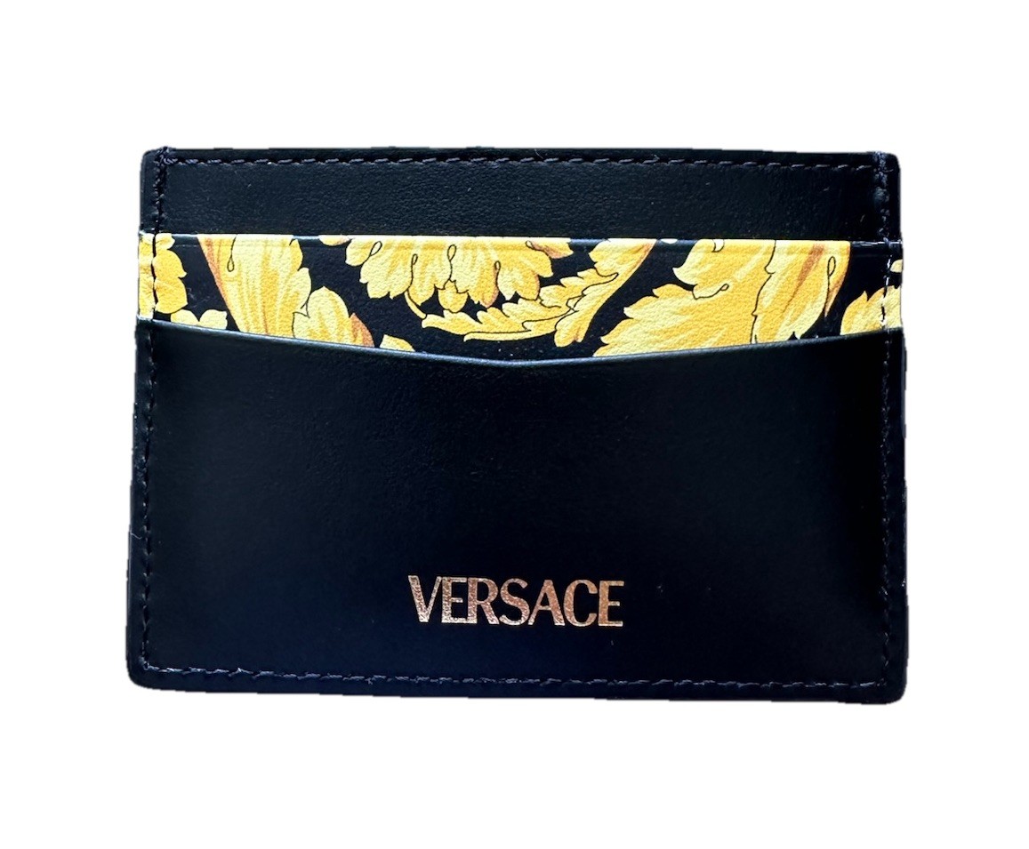 Versace Black & Barocco Print 100% Leather Card Case Holder NWT Brand New