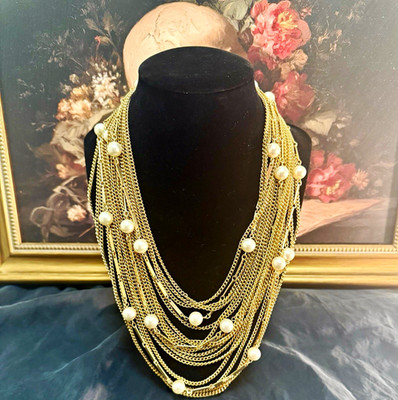 Vintage Multi-Strand Gold-Tone Chain and Faux Pearl Necklace Flower Box Clasp