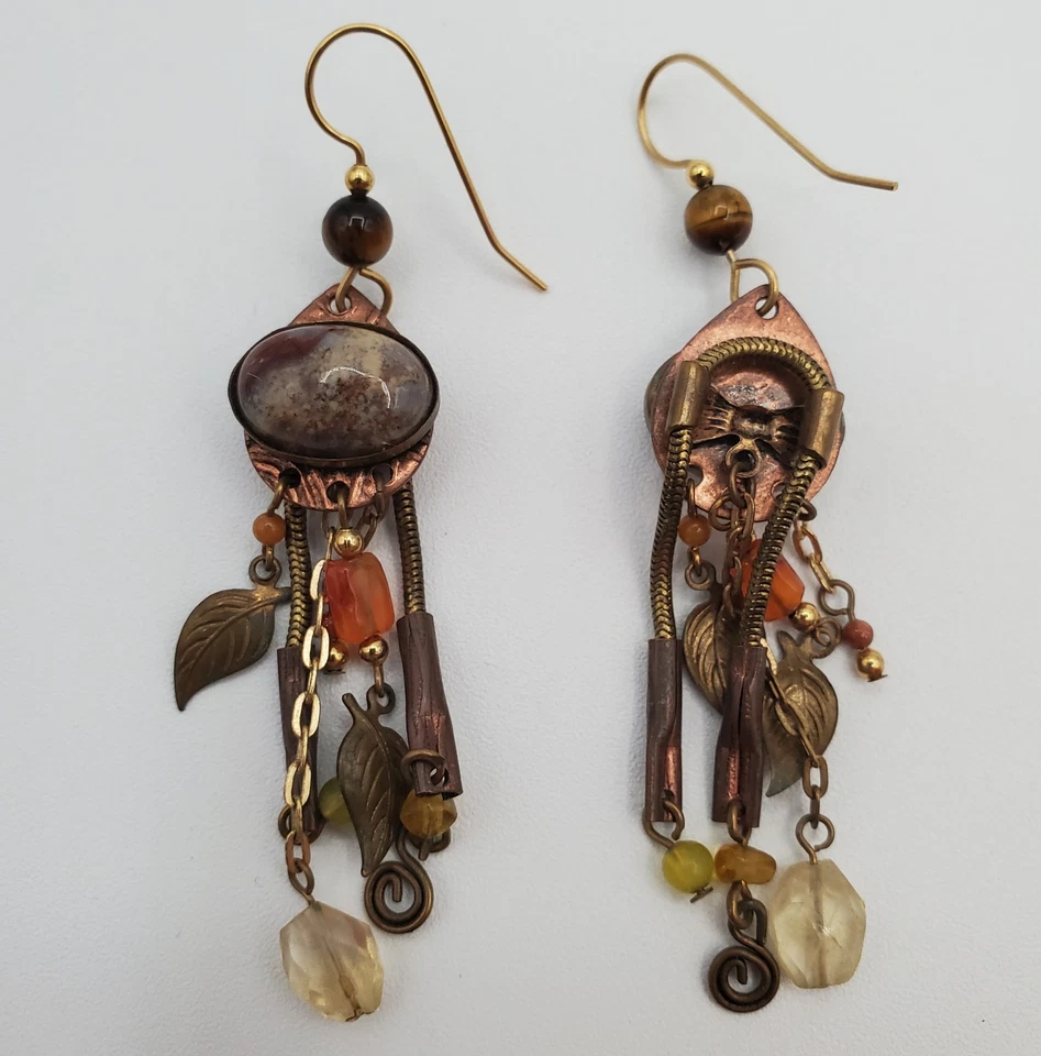 Pendientes Piedra Jaspe 2.5 pulgadas Artesanales Ojo de Tigre Cornalina Tono Tierra Cuentas Boho Foto 3 de 4
