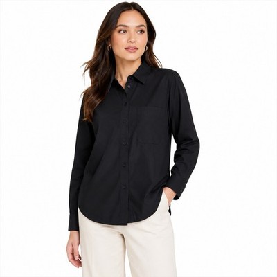 A New Day Button Up Shirt Women XS Black Long Sleeve Collared Pocket Tunic NEW