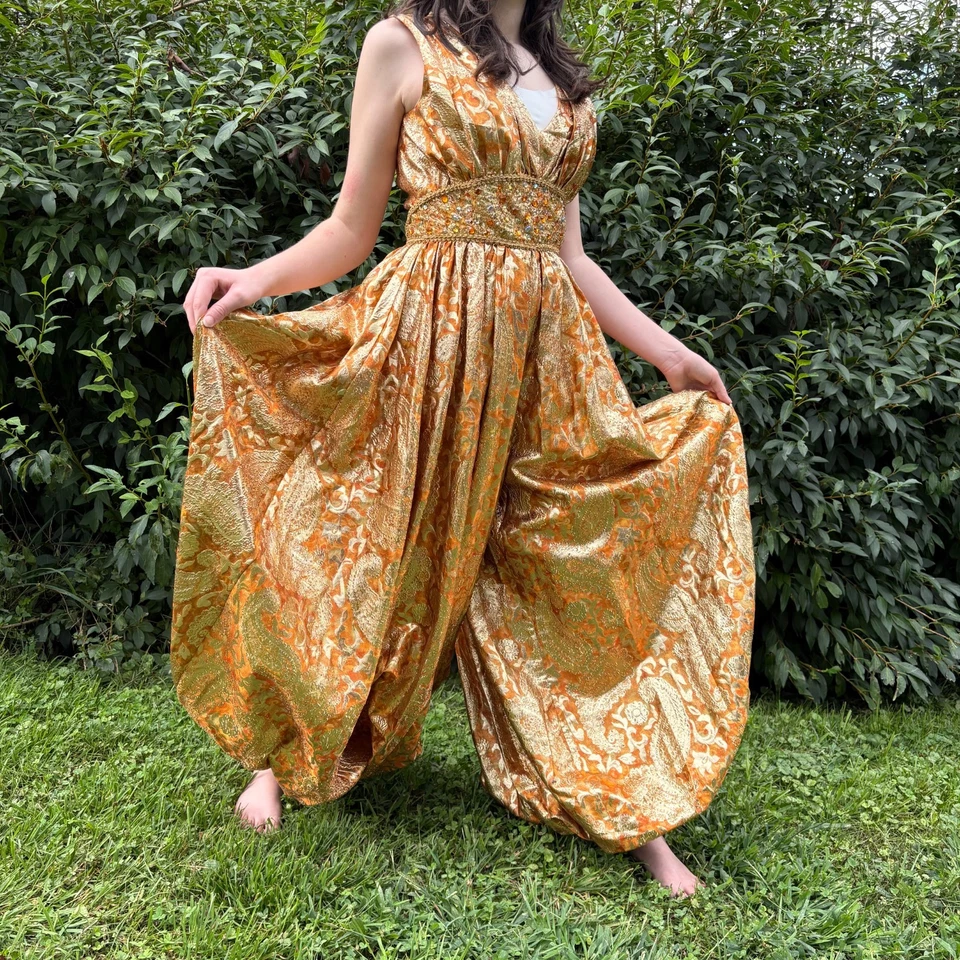 Mono Vintage Años 60 Metálico Floral Cojo Brocado Harén Genio Otoño Fiesta XS Foto 2 de 4