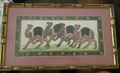 Indian Silk Camels & Border Painting on Rajasthani Silk Art 15 X 7'' (19x11)
