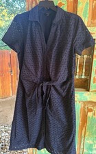 Talbots Navy Blue Eyelet Cotton Collar Tie Waist Shirt Dress Short Sleeve Size 8