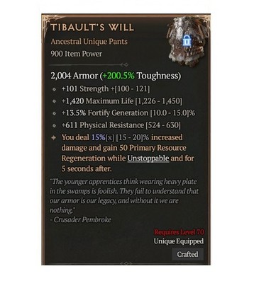 Diablo 4 Season 14 Tibault's Will 0GA 15% Ancestral Unique Pants Equip Gear Item