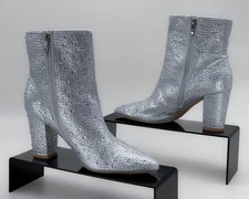 Rollda Silver Rhinestone Ankle Boots Block Heel Side Zip Women’s 9