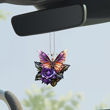 Butterfly Rearview Mirror Accessories - Cute Acrylic Hanging Charm, Flower Ornam